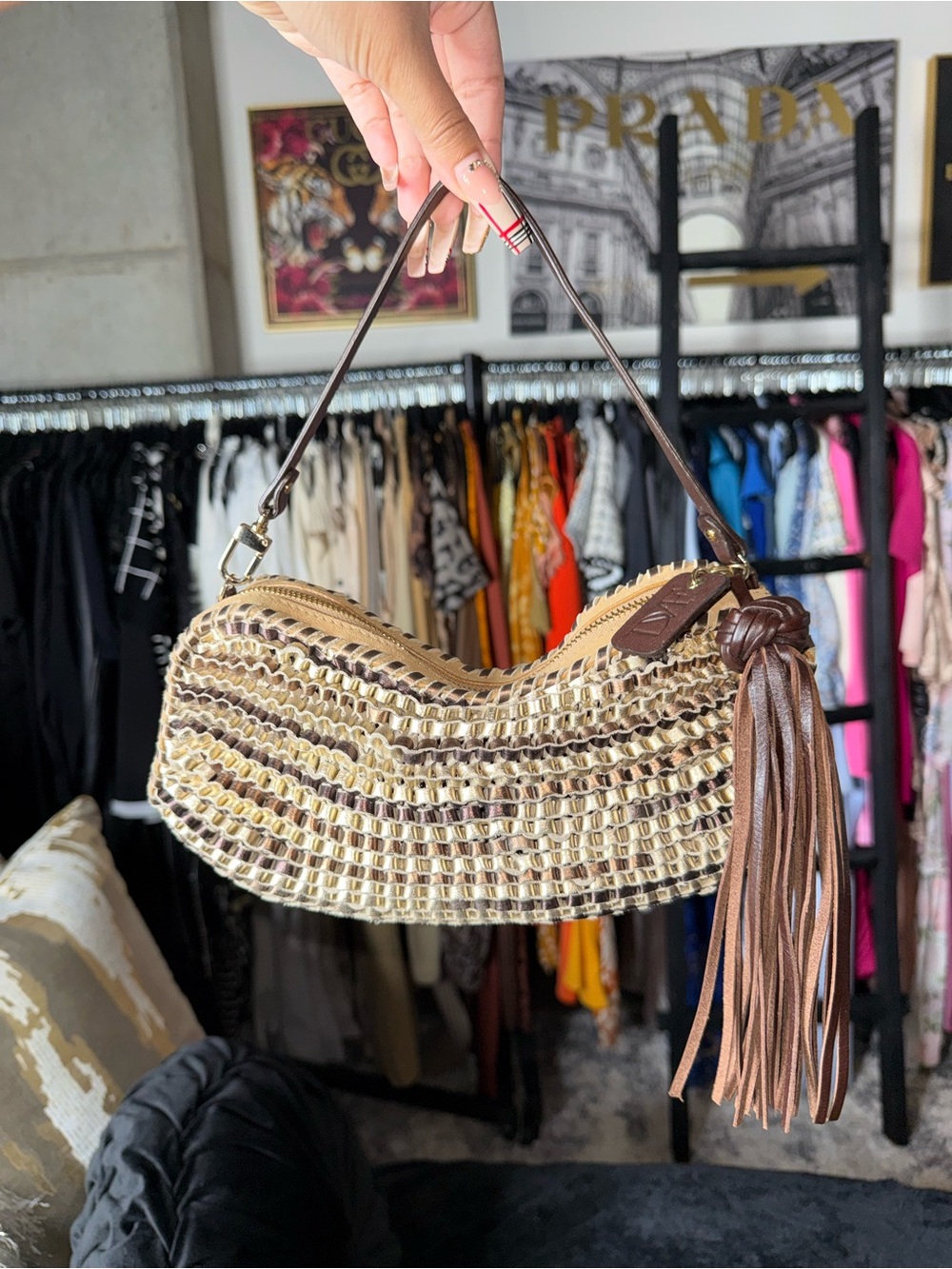 Diane von Furstenberg Stephanie Metallic Woven Leather Tassel Clutch Bag